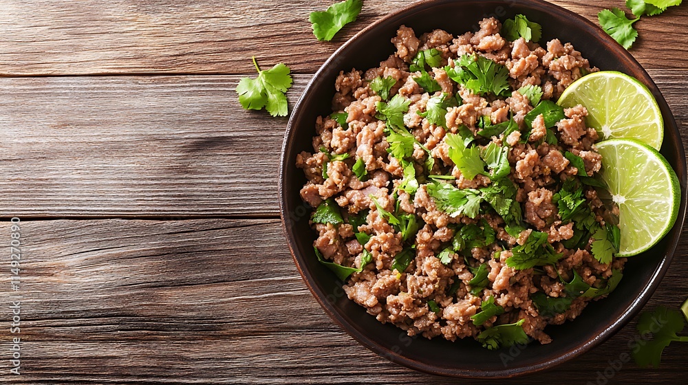 Spicy minced pork larb served with greens and lime on a rustic wooden background top view Spicy minced pork larb served with greens and lime on a rustic wooden background top view