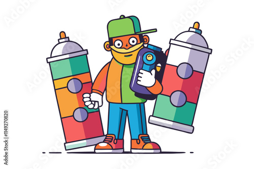 Creative illustration of painter with oversized spray cans