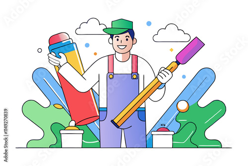  illustration of painter with giant paint tubes