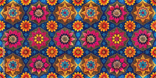 Colorful floral pattern featuring intricate designs in vibrant hues.