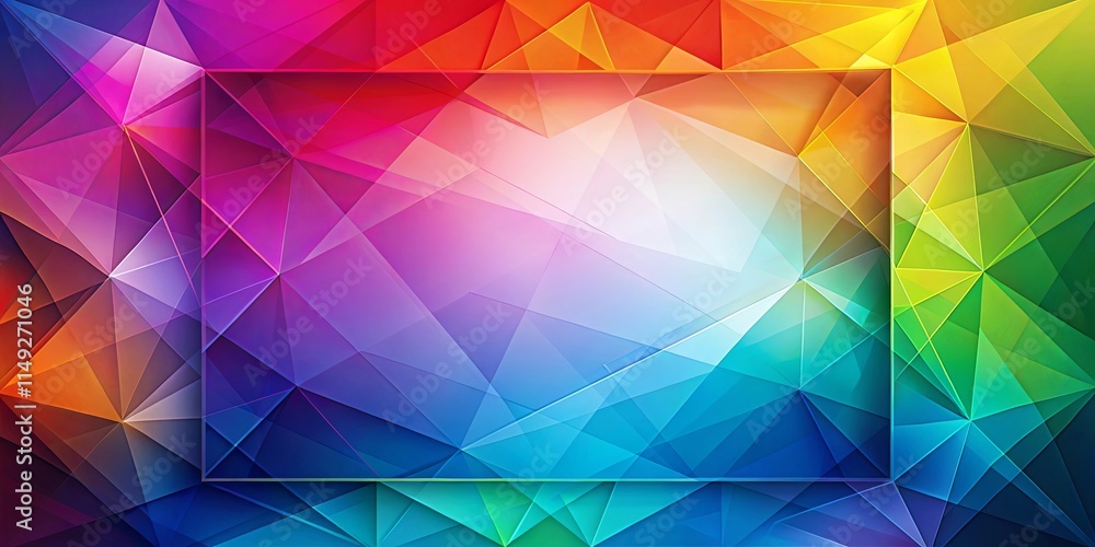 Fototapeta premium Vibrant Rainbow Geometric Abstract Background with Central Rectangular Frame Ideal for Presentations and Designs