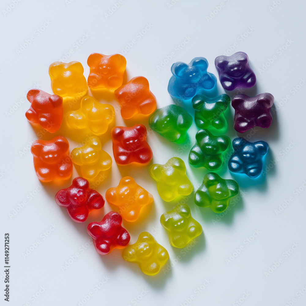 Artistic shot of gummy bears arranged in a heart shape, vibrant colors, clean and minimalist background Artistic shot of gummy bears arranged in a heart shape, vibrant colors, clean and minimalist background