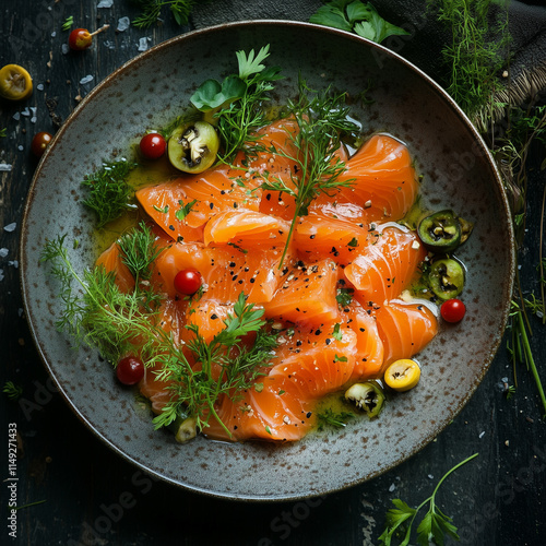 Artistic shot of lohikeitto with vibrant orange salmon and fresh herbs, minimalist background, warm Nordic tones photo