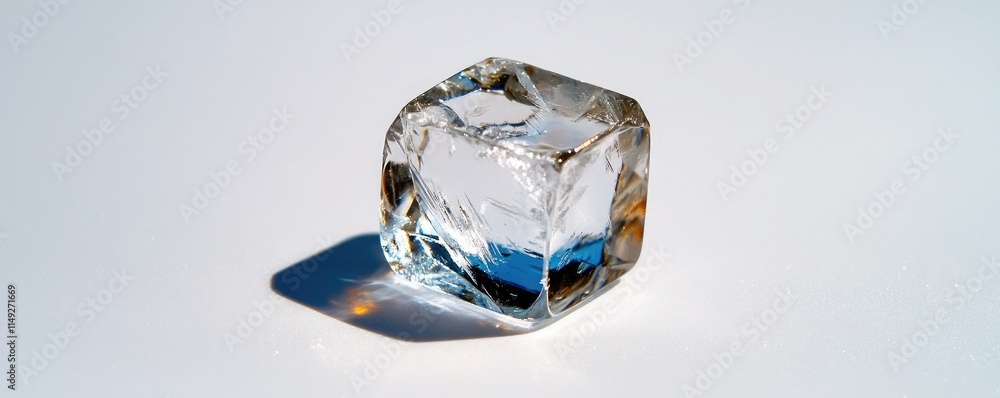 A clear ice cube rests on a light surface, showcasing its crystalline structure and the play of light through its facets. A clear ice cube rests on a light surface, showcasing its crystalline structure and the play of light through its facets.
