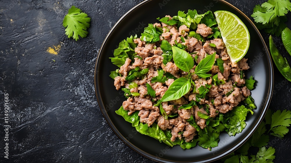 Authentic larb dish with minced pork herbs and lime served on a clean plate top view Authentic larb dish with minced pork herbs and lime served on a clean plate top view