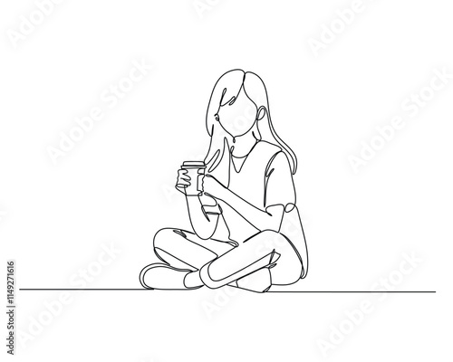a nurse sitting cross legged and drinking from a cup in a relaxed posture. continuous line drawing design for health care and medicine illustration