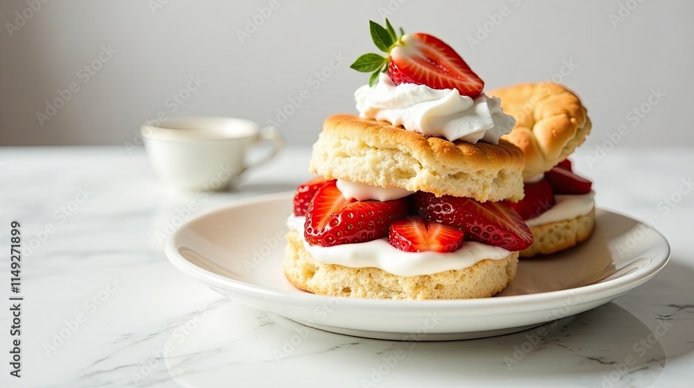 Sweet Strawberry Shortcake Delight with Creamy Topping and Fresh Berries on a Plate Sweet Strawberry Shortcake Delight with Creamy Topping and Fresh Berries on a Plate