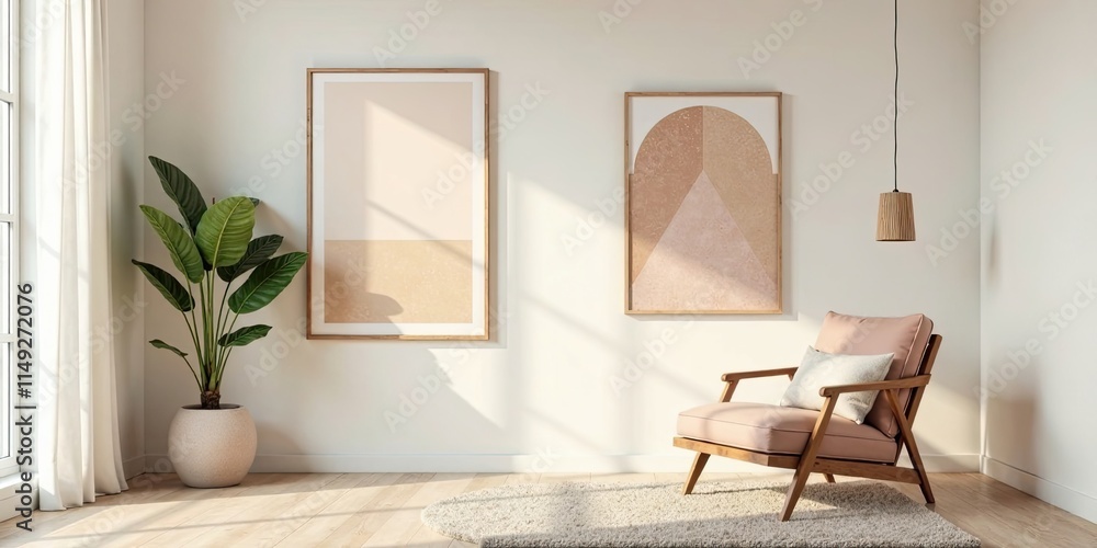 Fototapeta premium Relaxing Minimalist Living Room Interior Design with Natural Light and Soft Textures