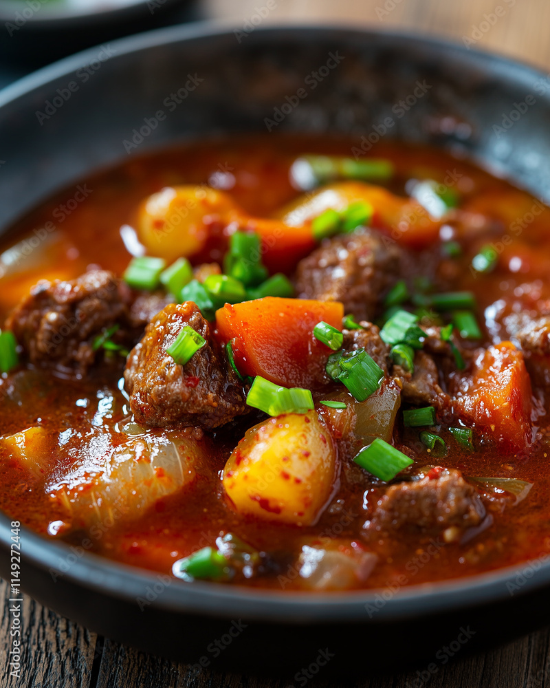 Delicious stew with diced vegetables in a rustic bowl Delicious stew with diced vegetables in a rustic bowl