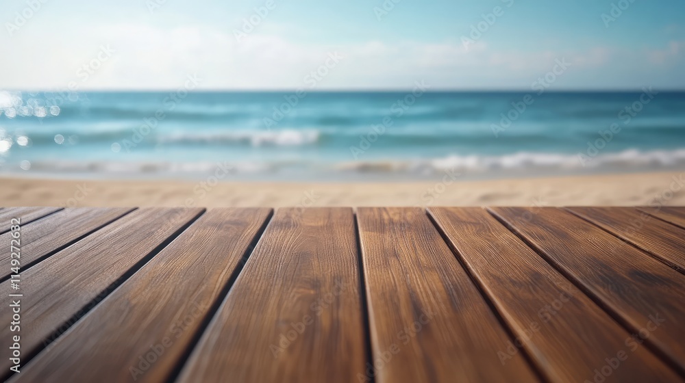selective depth of field shot of wooden decking with beach in background, product display mockup selective depth of field shot of wooden decking with beach in background, product display mockup