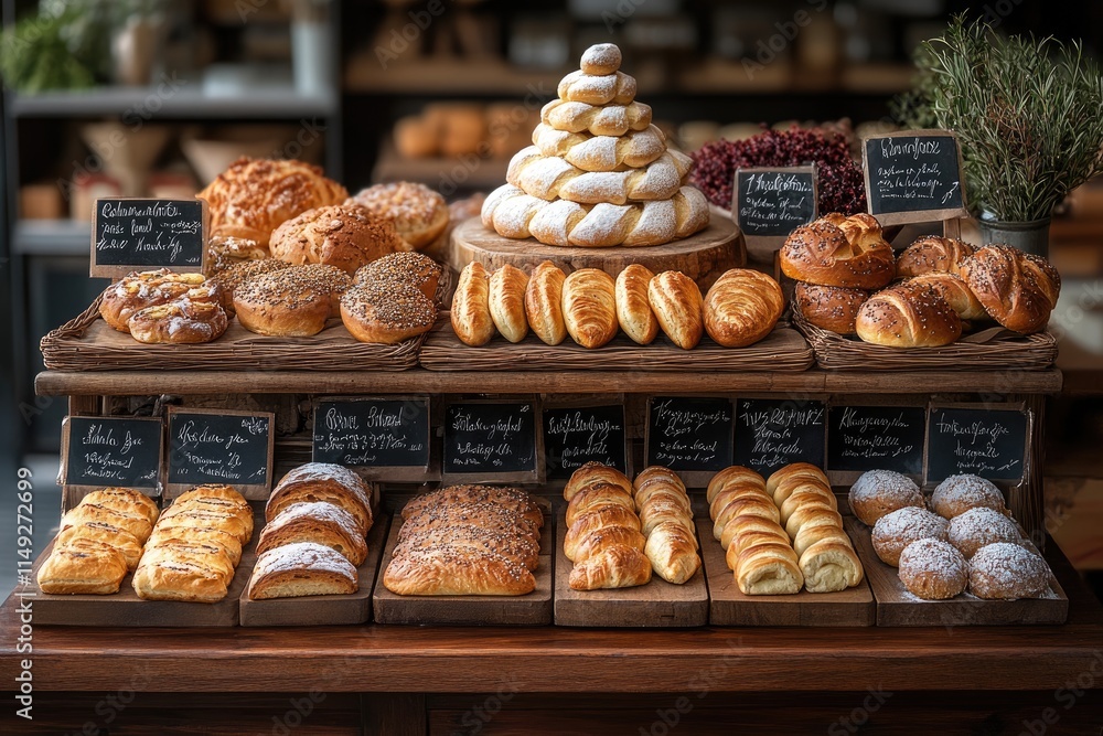 Variety of freshly baked breads and pastries displayed on wooden shelves. Perfect for bakery, food, and culinary websites or blogs. Variety of freshly baked breads and pastries displayed on wooden shelves. Perfect for bakery, food, and culinary websites or blogs.