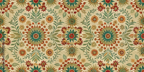 A vibrant floral pattern featuring intricate designs in green, orange, and gold hues adorning a soft beige background.