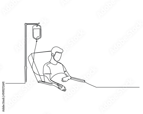 a person lying in a hospital bed, receiving an intravenous infusion The IV drip stand is next to the bed, connected to the persons arm Ideal for medical care them