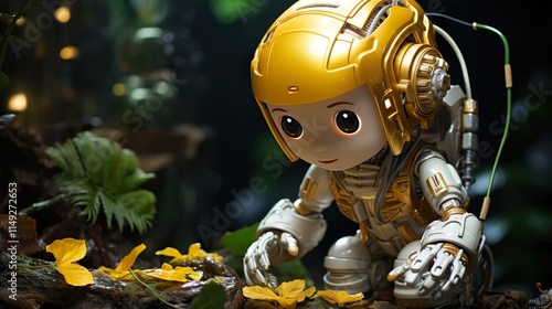 Wallpaper Mural Little cute robot lost in a green forest, discovering the earth and exploring nature with curiosity, being surprised by beautiful yellow flowers  Torontodigital.ca