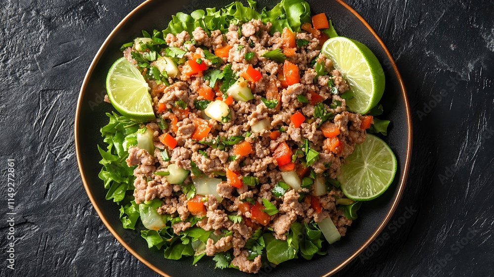 Traditional larb with minced pork and fresh vegetables served with lime top view Traditional larb with minced pork and fresh vegetables served with lime top view