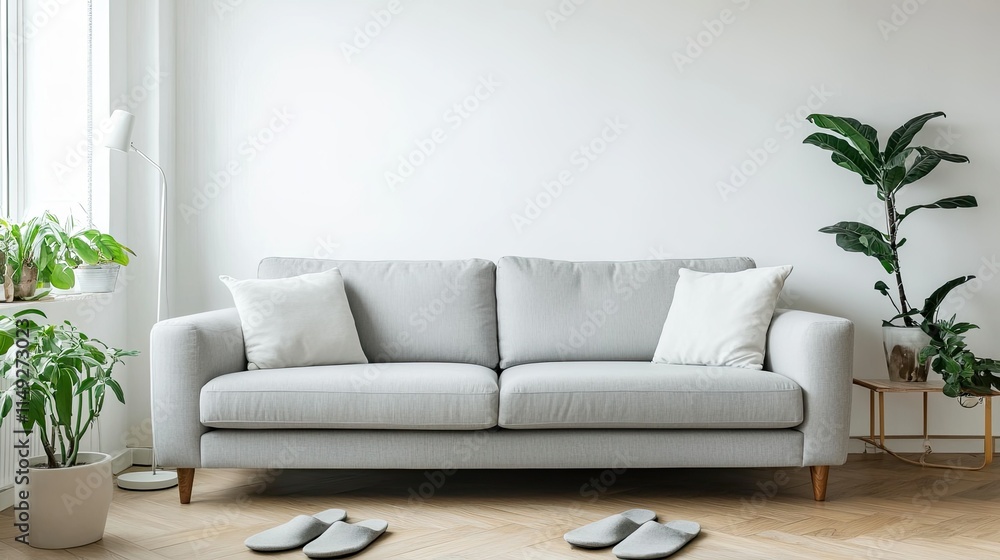 Modern Living Room Interior with Cozy Grey Sofa and Plants Modern Living Room Interior with Cozy Grey Sofa and Plants