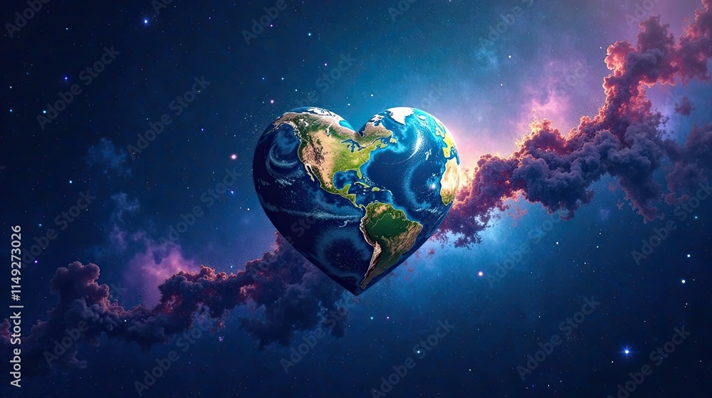 Obraz premium A cosmic heart-shaped planet, nestled amongst swirling nebulae and distant stars, symbolizes universal love and the beauty of our world.