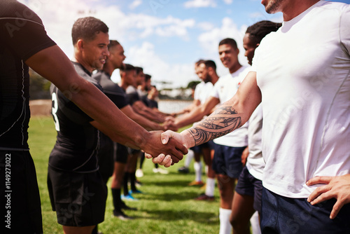 Rugby, team and handshake for welcome, introduction or sportsmanship on grass field outdoors. Sports, men shaking hands and greeting for game rival, competition or training with workout and exercise