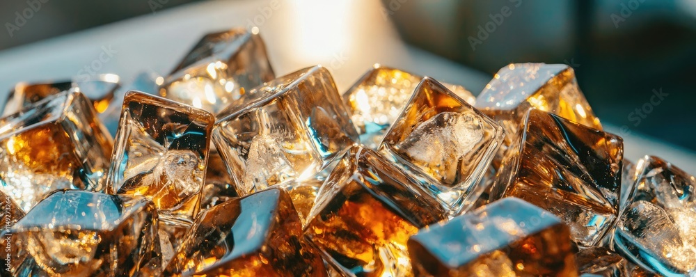 A close-up of sparkling amber ice cubes reflecting light, creating a visually appealing texture and depth. A close-up of sparkling amber ice cubes reflecting light, creating a visually appealing texture and depth.