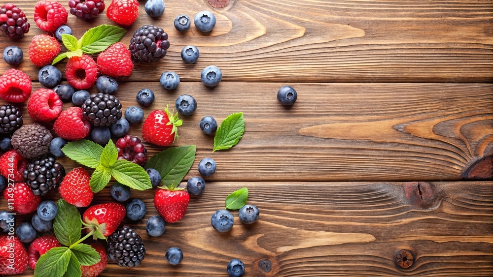 A vibrant assortment of fresh berries and mint leaves artfully arranged on a rustic wooden surface A vibrant assortment of fresh berries and mint leaves artfully arranged on a rustic wooden surface