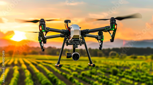 An automated drone hovering above fields, monitoring crop health with precision sensors use of modern tech in farming photo