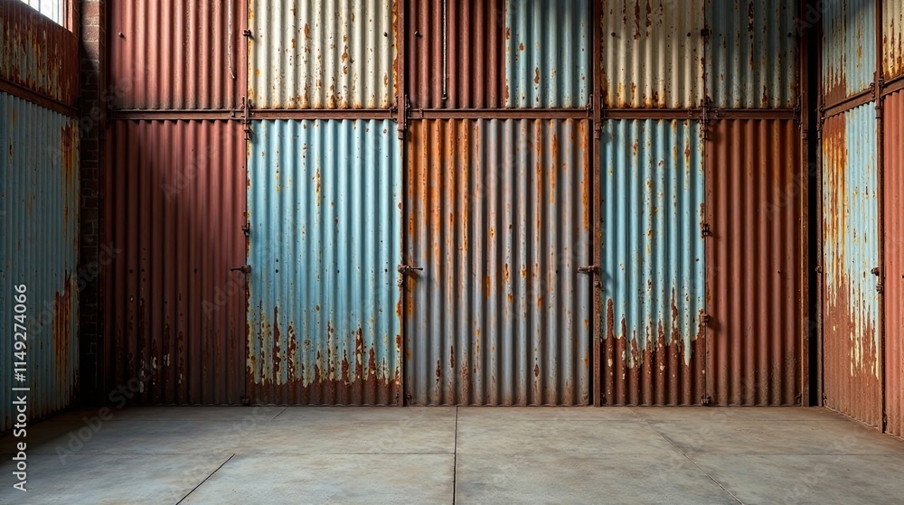 Rustic corrugated metal wall with weathered patina and aged texture in an industrial setting Rustic corrugated metal wall with weathered patina and aged texture in an industrial setting