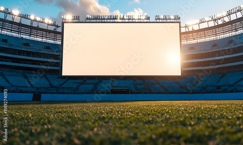 A large empty screen in a stadium during sunset, awaiting an event or broadcast.