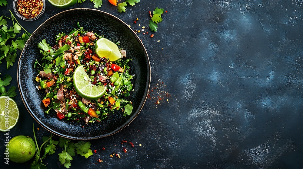 Flavorful larb made with minced pork and aromatic spices served with lime on a plate top view Flavorful larb made with minced pork and aromatic spices served with lime on a plate top view