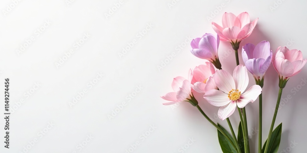 Fototapeta premium Delicate Pink and Lavender Blossoms on a White Background, a Peaceful and Serene Floral Arrangement for Design Inspiration