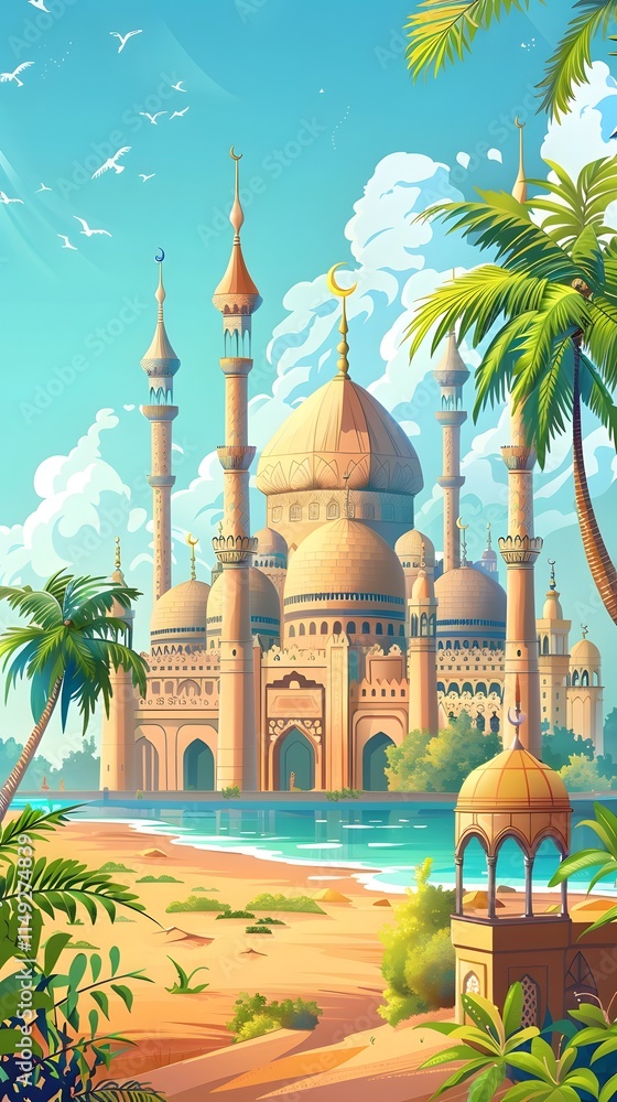 Naklejka premium cartoon mosque scenery for soft wallpaper design collection
