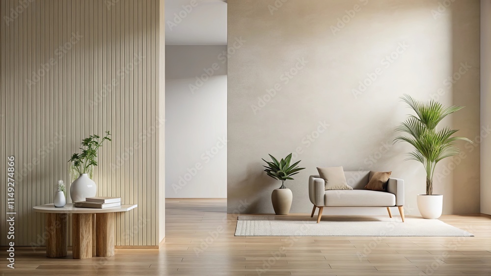 Fototapeta premium Serene Minimalist Living Room Interior Design with Neutral Tones and Natural Elements
