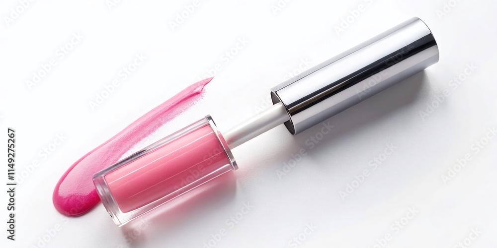 Minimalist Pink Lip Gloss Swatch, Beauty Product, Cosmetic, Makeup, Applicator, White Background, Simple, Elegant Minimalist Pink Lip Gloss Swatch, Beauty Product, Cosmetic, Makeup, Applicator, White Background, Simple, Elegant