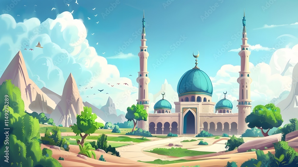 Naklejka premium cartoon mosque scenery for soft wallpaper design collection