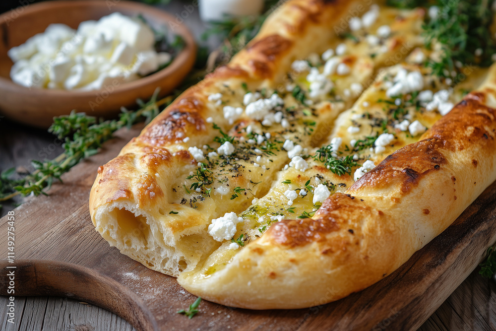 Greek pizza with feta and herbs, warm wooden background, lively Mediterranean atmosphere Greek pizza with feta and herbs, warm wooden background, lively Mediterranean atmosphere
