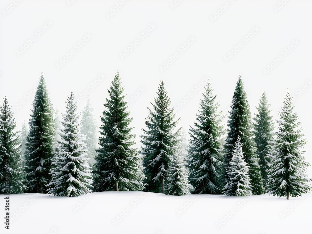 A serene winter landscape showcasing a row of snow-covered pine trees against a bright, white backdrop. A serene winter landscape showcasing a row of snow-covered pine trees against a bright, white backdrop.