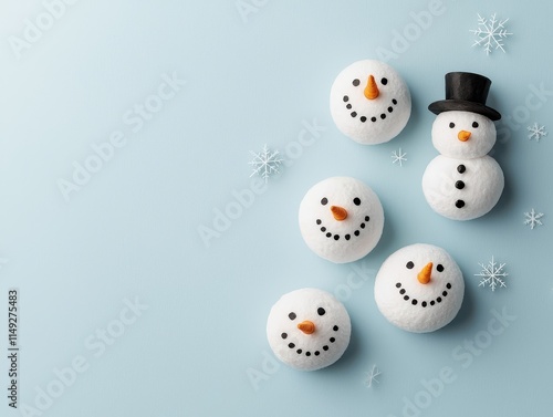 Cute snowman decorations on a light blue background, featuring festive designs with smiles, buttons, and a classic top hat. photo