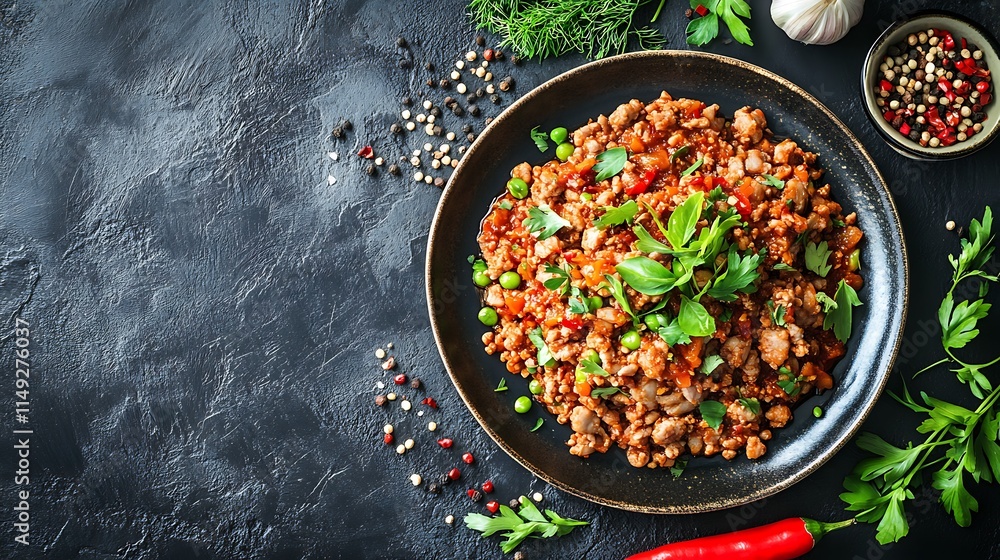 Delicious larb with minced pork chili and herbs served on a traditional plate top view Delicious larb with minced pork chili and herbs served on a traditional plate top view