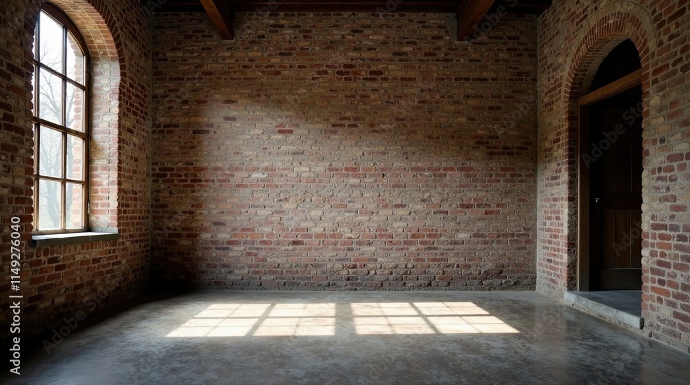 Sunlit Empty Brick Room with Arched Doorway and Window Sunlit Empty Brick Room with Arched Doorway and Window