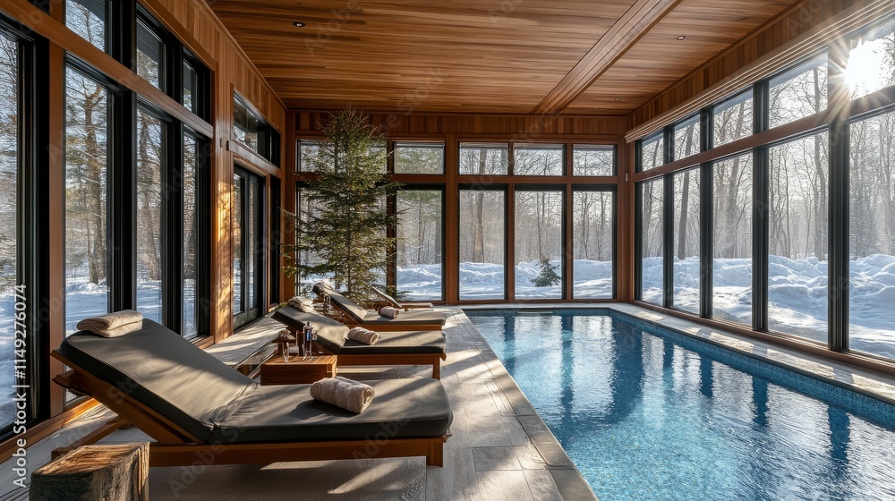 Fototapeta premium A cozy indoor pool area with warm wooden accents, modern loungers, and wide windows showcasing a snowy landscape