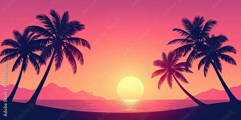 Serene Sunset Vista Palm Trees Silhouetted Against a Vibrant Sky and Calm Ocean Serene Sunset Vista Palm Trees Silhouetted Against a Vibrant Sky and Calm Ocean