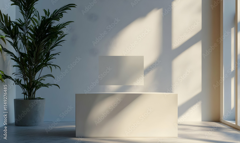 Obraz premium A minimalist interior featuring a plant and a pedestal with a blank surface.