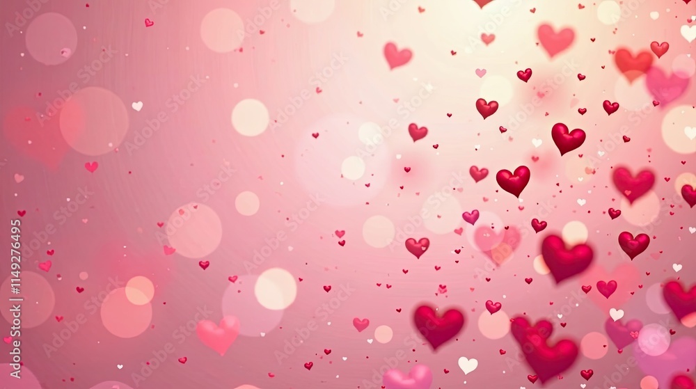 Romantic Pink Background with Floating Hearts and Bokeh Lights for Valentine's Day or Wedding Designs