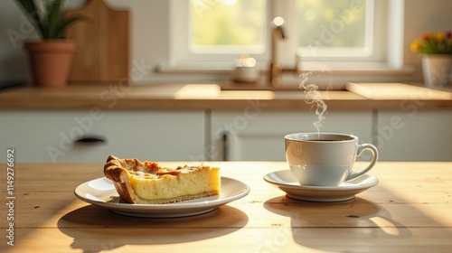 Wallpaper Mural A delightful slice of creamy custard pie paired with a warm cup of coffee, bathed in the golden sunlight of a peaceful morning in a cozy kitchen Torontodigital.ca