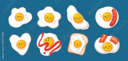 Illustration cartoon of food designs with many expressions. Fried egg cartoon different shape. Idea for icons, labels, or digital decoration.