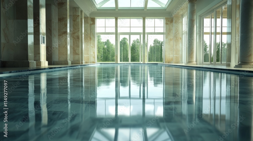A luxurious indoor pool with marble floors, high glass walls, and a reflection of soft natural light. A luxurious indoor pool with marble floors, high glass walls, and a reflection of soft natural light.