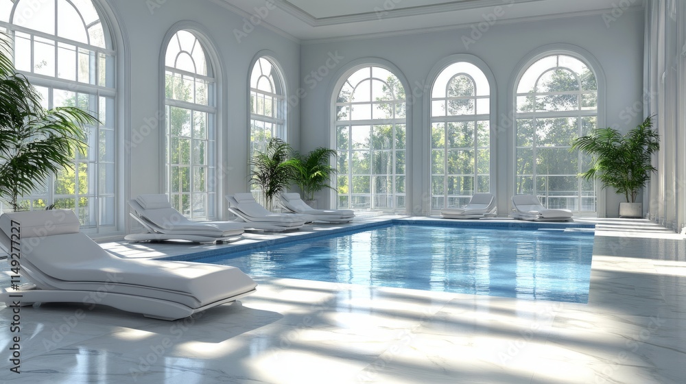 Fototapeta premium A luxurious indoor pool with sleek white lounge chairs, marble flooring, and soft sunlight streaming through high windows.