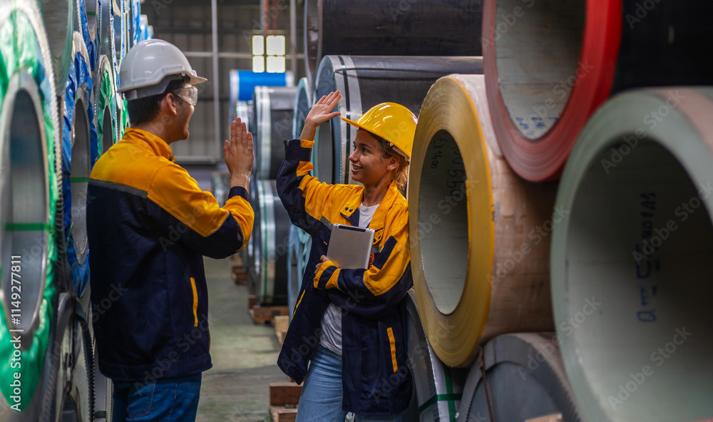 custom made wallpaper toronto digitalTwo young engineers or mechanical workers in safety suit celebrate their agreement with high five next to the rolls of metal sheets in a factory. Partnership among two workers. Cooperation in factory