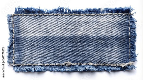 A frayed denim patch with a raw edge and visible stitching, perfect for textile design or fashion projects.