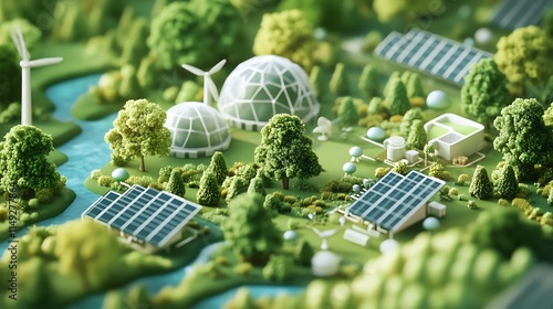 A dynamic isometric view of a balanced ecosystem, showcasing harmony between advanced green technology and thriving nature. photo