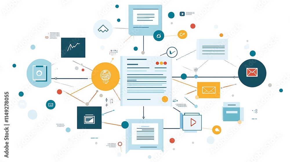 A futuristic illustration showcasing automated document workflows with interconnected digital icons for routing and approval processes. A futuristic illustration showcasing automated document workflows with interconnected digital icons for routing and approval processes.